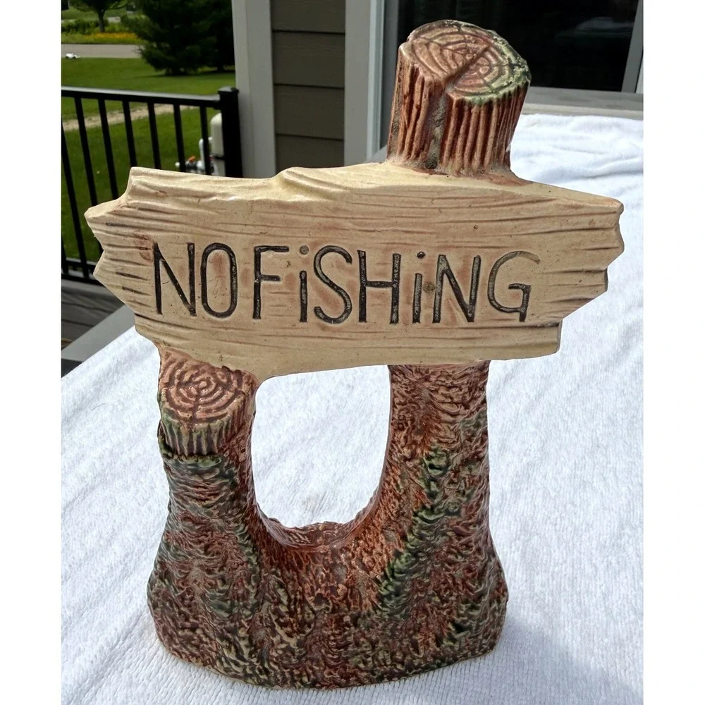VTG Funny No Fishing Ceramic Aquarium Ornament Fish Tank Decor Rustic Cabin Sign